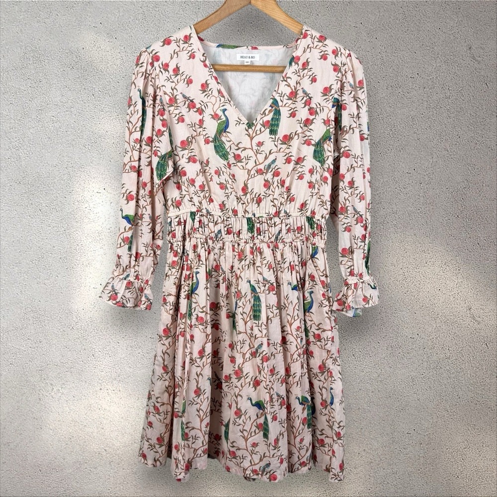 Beau & Ro Women's Peacock Floral Print 3/4 Sleeve Smocked Mini Dress Sz XS‎
